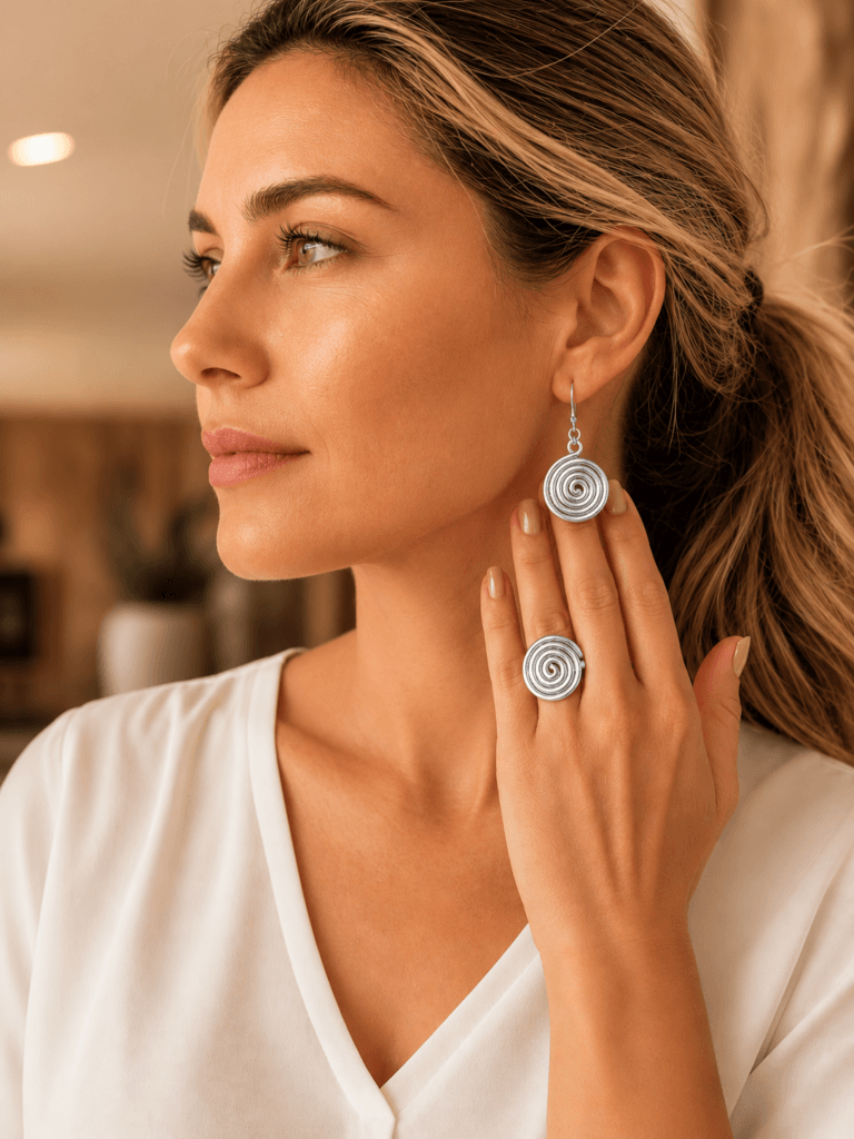 Conjunto Feminino Rococó em Alumínio – Brinco e Anel